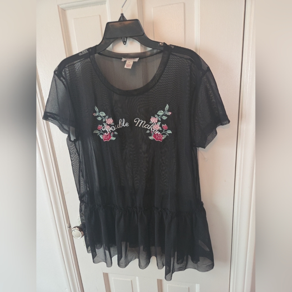 Vintage  Black Sheer Embroidered Blouse Fairy Core  Y2K Whimsigoth X-large